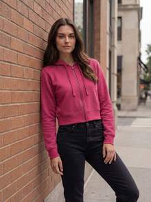 DEVIT - Sudadera con Capucha Crop Recortada de Mujer, Cremallera Frontal Completa y Cordones, Manga Larga, Casual, Moda Deportiva, Ajuste Holgado, Invierno, Otoño, Colores Negro, Oxford, Camel, Fiusha, Verde Militar y Lila. - Rosa Fucsia - Ver 6