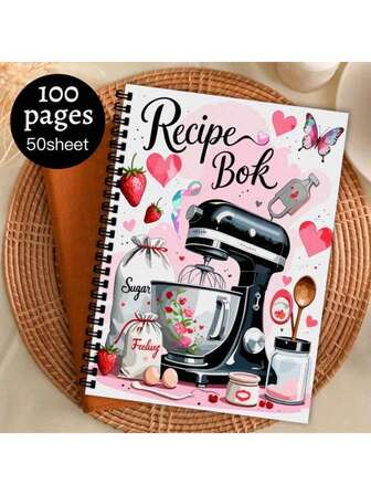1PC Cute Themed Recipe Book And Meal Plan Book, Spiral Bound - Pink Kitchen Cookbook, Suitable For Women, Home Cooks - No Date Blank Pages, Diary, Recipe Organizer With Labeled Section (Sugar, Flour, Ingredients)
