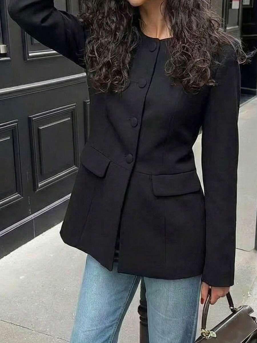 ACKCER Women's Fashionable Casual Round Neck Long Sleeve Button Front Jacket, Suitable For Spring, Summer And Autumn - Black - View 1