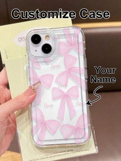 Funda de teléfono personalizada con texto de nombre, funda protectora de TPU transparente con lazo rosa lindo, compatible con iPhone 17 16 15 14 13 12 11 ProMax/Compatible con Redmi 13C/Compatible con Redmi 13pro/X7B/X8B/A13/A14/A15/A54/A55/Compatible con Redmi/OPPO, funda de teléfono de otoño/invierno, excelente para Año Nuevo, aniversario, San Valentín, festivales, cumpleaños, bodas, Día de la Madre, Día del Padre, regalos para mejores amigos, regalos para mamá/papá, regalos para novio/novia