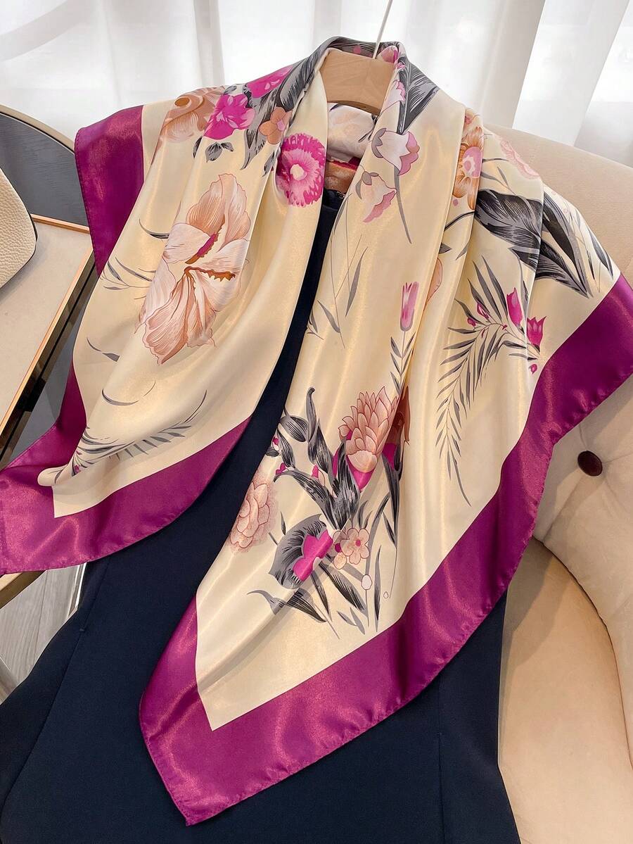 1 chiếc khăn vuông polyester 90cm dành cho nữ, họa tiết hoa trang nhã, phù hợp với trang phục thường ngày và phong cách đường phố, có thể dùng làm khăn quàng cổ, băng đô hoặc khăn trùm đầu. - Nhiều màu - Xem 1