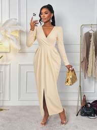 AIJ Abito lungo in velluto con maniche lunghe, adatto per eventi serali e feste, con scollo a V, maniche a palloncino, vita stretta, pieghe a bocciolo e dettaglio con spacco, in un colore unito.