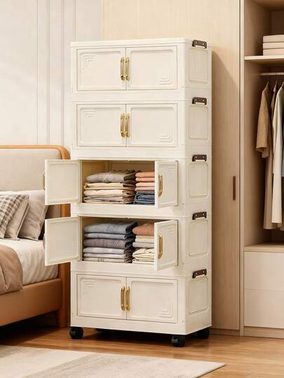 1pc 50cm/19.69in Wide Folding Storage Cabinet, Clothes Closet Storage Box, Portable Wardrobe, Double Door Folding Box, 1-6 Layers Optional, Thickened Double Door With Wheels Storage Cabinet, Home Use No-Assembly Storage Rack, Organizer For Clothes, Toys, Plastic Folding Storage Cabinet