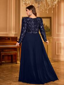UNITHORSE V-Neck Long Sleeve Pleated Sequin Patchwork Chiffon Party Evening Dress