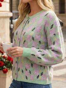 Plus Size Women Mint Green Loose Cardigan, Sweet Casual Single-Breasted Knit Jacket