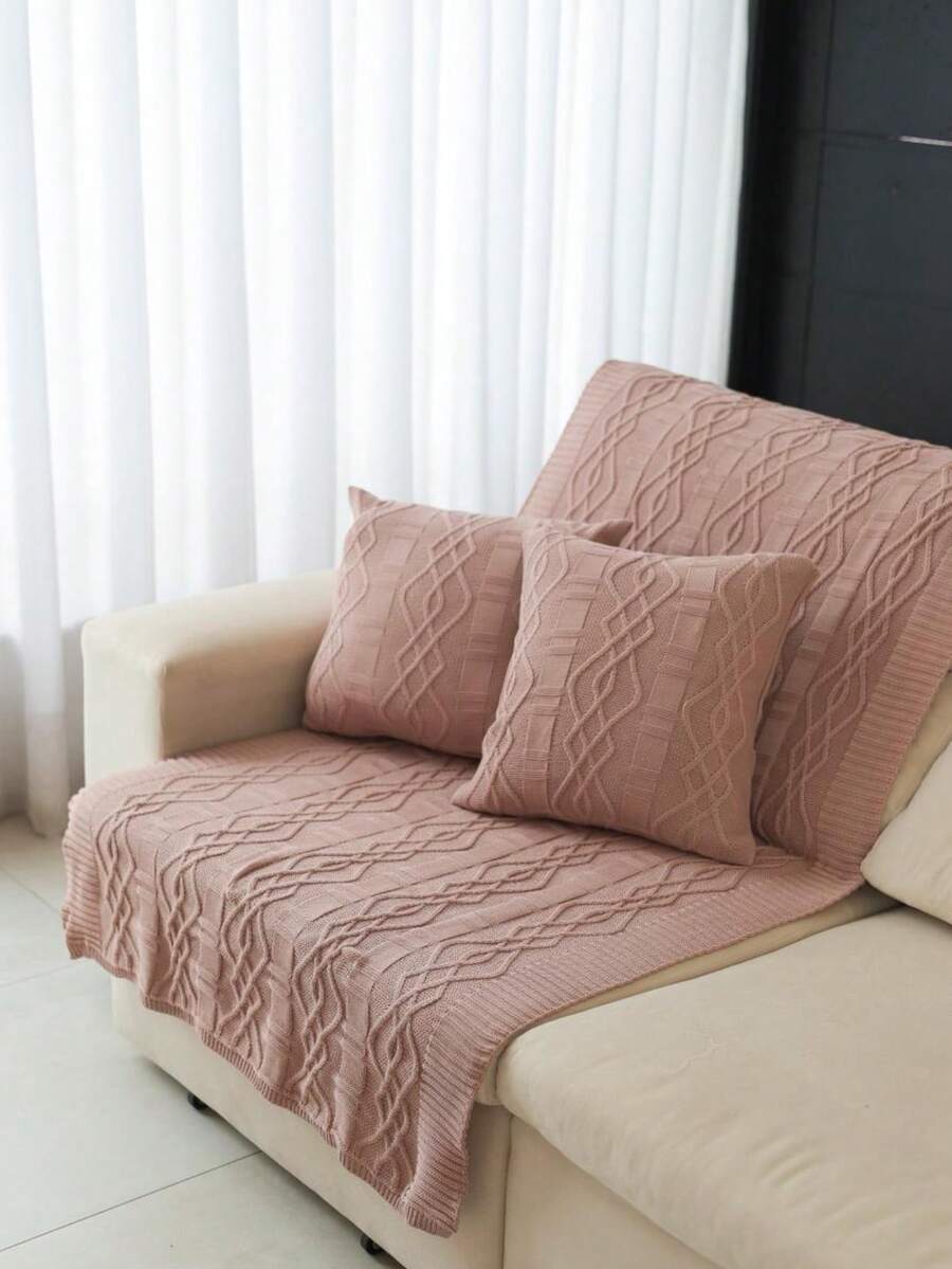 Maldives Decorative Knitted Blanket Set + 2 Knitted Cushion Covers For Sofa, Bed, Living Room - Apricot - View 1