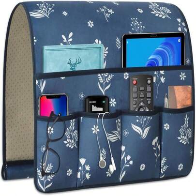 WETRBWEH Remote Control Holder For Armchair,Couch Caddy Organizer TV Remote Holder For Bed Storage 5 Pockets,Remote Caddy Bedside Organizer Bedside Table Organizer (Blue, 35''X18'')