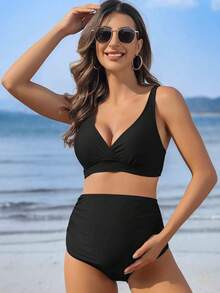 孕妇纯色V领吊带比基尼套装 - 黑色 - 查看 3