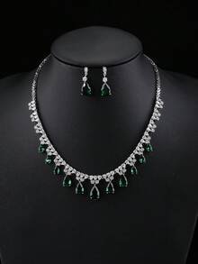 1套3入組豪華珠寶風格鋯石婚禮項鍊和耳環套裝，適用於新娘裝飾配件 - 豪華套裝 - 查看 5