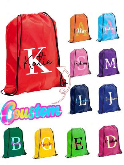 Personlig initial- och namnryggsäck med dragsko, tonåringars namntryckta sportväskor, simning, fitness, fritidsklubbsväskor, dragskoväska, fitnessryggsäck, fitnessväska med dragsko, ungdomsryggsäck, badväska, strandväska, lämplig för fitness, resor, sport, sportryggsäck för skolstart