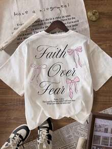 White T-Shirt, 1 pcs White bow letter print Cartoon Letter graphic print T-shirt 180g Pure  Heavy 100% Polyester fiber (polyester) T Shirt, Relaxing versatile and comfortable, beach vacation, simple and fashionable, Daily wear suitable for women and girls - Blanco - Ver 2