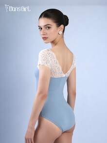 DonsGirl 1 件女式 V 领蕾丝短袖舞蹈紧身衣，简约时尚紧身连体衣 - 霧霾藍 - 查看 3