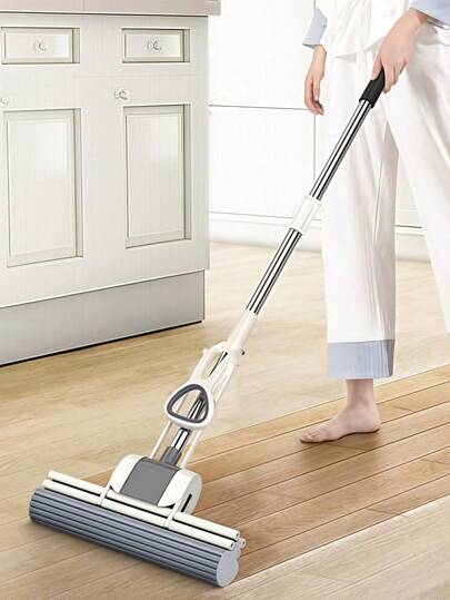 Ein hochsaugfähiger, teleskopischer Doppelreihen-Walzenmopp – Bodenwalzenmopp, leicht haftender Schwammmopp, Auswringmopp, Radierwalzenmopp, Haushaltsreinigungsmopp – Konstruktion aus Edelstahl/Kunststoff, effiziente Reinigung von Küchen, Badezimmern, Wohn- und Schlafzimmern, Küchenbodenmopp, Schlafzimmerreinigung, Küchenreinigung, ergonomisches Moppdesign, Haushaltsreinigung, langlebiger Moppkopf.