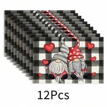 1/4/6/8/12 Stücke Set, Rotes Herz Muster, Valentinstag, Karomuster, Leinen Tischsets, waschbare bedruckte Tischsets, Oberflächenschutzmatten, Tischsets für Innen und Außen, geeignet für Feierlichkeiten und Küchendekoration - Verschiedenfarbig - Übersicht 14