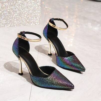 Iridescent Laser Pointed Toe Stiletto Ankle Strap High Heels, Sexy Club Style With Buckle & Rhinestones, Party Wear