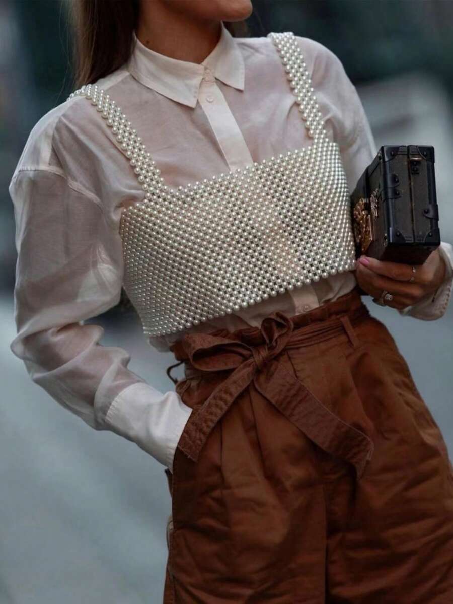 1件夏季新款简约时尚女式手工串珠背心仿珍珠女童上衣身体链，适合时尚外穿，女士礼物 - 純白 - 查看 1