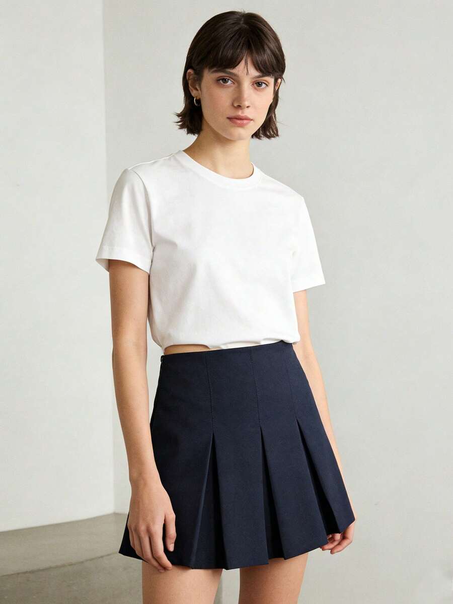 Women's Pleated Mini Skirt, New Fashion High Waist Basic Style Casual Street Wear Skirt, Summer - Navy Blue - View 1