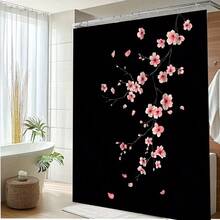 1pc Cherry Blossom Shower Curtain Black Background Nature Flower Art Polyester Fabric Bathroom Decor With 10 Hooks 70.8x70.8 Inches - 彩色 - 查看 3