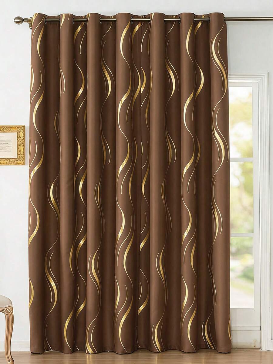 1件装优雅柔软高精度箔波纹纹理窗帘，隔热穿孔顶部设计遮光窗帘，适用于卧室/客厅/家居装饰，奢华金色窗帘 - 棕色 - 查看 1