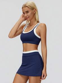 MASKERT High-Elasticity Fitness Set For Women, Including Sports Bra And Shorts, Two Pieces Set. Breathable, Skin-Friendly, High-Elasticity, Suitable For Fitness, Yoga, Running, And Training, Comfortable Set Summer - Navy Blue - View 5