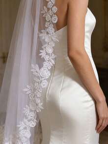 1pc 1 Meter Long Lace Applique Bridal Veil, Single Layer, With Metal Hair Comb, Elegant Minimalist, Suitable For Women's Wedding Dress Accessory Valentine's Day Accessories - 白色 - 查看 4