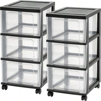 Plastic 3-Drawer Storage Organizer Rolling Cart With Wheels Casters 2-Pack For Classroom Art Plies Bathroom Dorm Bedroom Laundry Room Slim Narrow Black/Clear
