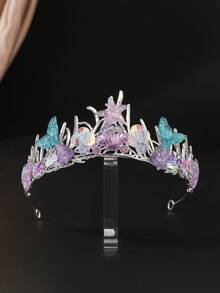 时尚手工海星花贝壳皇冠头饰，采用合金水钻树脂制成，亮片公主女王皇冠海洋风发饰 - 彩色 - 查看 3