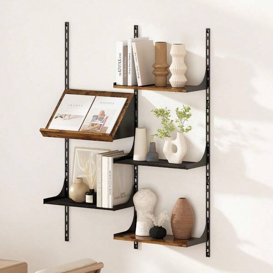 MXRepisas Flotantes Ajustab 5 Piezas Estantes Flotantes de Pared Liero de Pared Industrial con Soportes Metálicos Estante de Exibición Rústico para Sala Recamara Cocina Oficina - 5Piezas - Ver 1