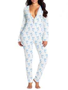 Pijama de una pieza para dormir de Navidad para mujeres, con manguitas largas, escote en V, estampado, ajuste holgado, ropa cómoda para el hogar con cintura elástica y entrepierna desmontable - Celeste - Ver 1