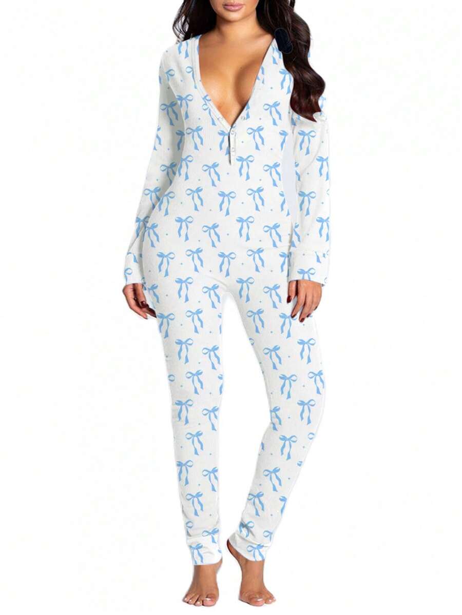 Pijama de una pieza para dormir de Navidad para mujeres, con manguitas largas, escote en V, estampado, ajuste holgado, ropa cómoda para el hogar con cintura elástica y entrepierna desmontable - Celeste - Ver 1