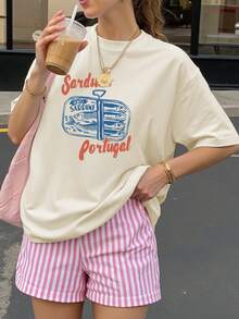 复古鱼鳞印花宽松女式短袖T恤，图案印花，夏季T恤，女式短袖T恤，上衣，夏季服装，度假，旅行，海滩风，简约度假装 - 杏色 - 查看 1