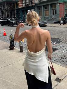 Women's Half High Neck Halter Top Asymmetrical Hem Sleeveless Blouse Elegant Cowl Neck Satin Tank Tops Y2K Backless Camisole Fashion Crop Tops For Going Out Streetwear Wedding Guest Occasion Wear Spring Summer - Trắng - Xem 3