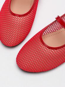 Women's Soft Bottom Breathable Mesh Mary Jane Ballet Flats, Red, Lightweight & Comfortable Round Toe Hollow Slip-On Casual Shoes - Red - View 2