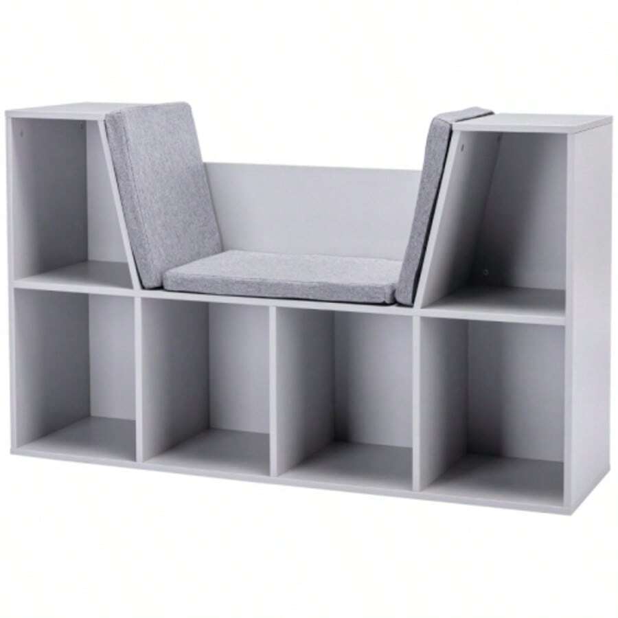 Children's Bookcase With Stool, Children's Bench With 6 Compartments, Storage Chest With 3 Cushions, Toy Chest, Ages 3 And Up, Grey, 103 X 30 X 62 Cm - Grey - View 1