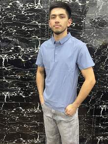 Men's Polo Shirt In Polyamide, Cool Fabric, Elastic, Style And Quality - 霧霾藍 - 查看 1