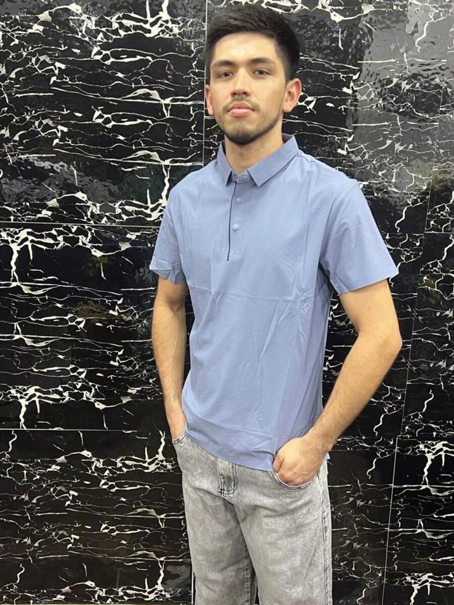 Men's Polo Shirt In Polyamide, Cool Fabric, Elastic, Style And Quality - 霧霾藍 - 查看 1
