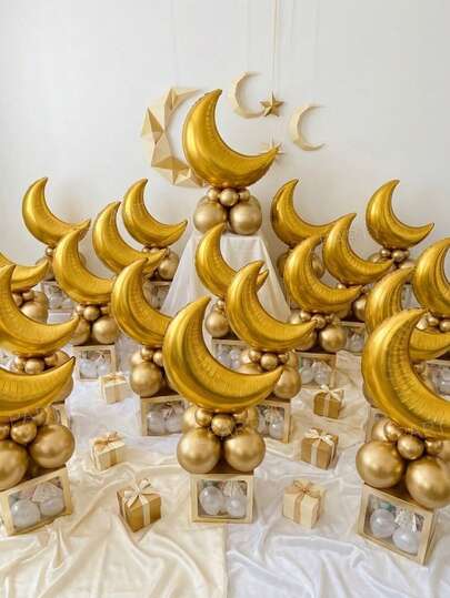 16 Stücke/Set Eid Party Dekorationen, 28" Goldener Mond Folie Luftballons, 10" & 5" Goldene Metall Latex Luftballons, 5" Perlweiße Latex Luftballons, für Ramadan Feier