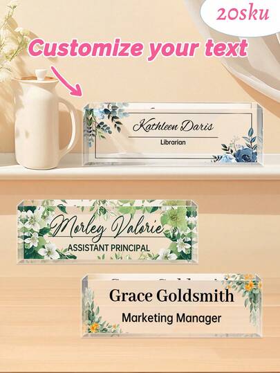 1pc Personalized Acrylic Custom Name Plates For Office Desks,Customize Text,20 Styles,Office Nameplate Engraved With Leaf Patterns,Custom Desk Name Plate Personalized, Acrylic Name Plate For Desk, Office Desk Decor For Women And Men, Employee Appreciation Gifts Office Gifts For Boss, Manager, Teacher, Nurse