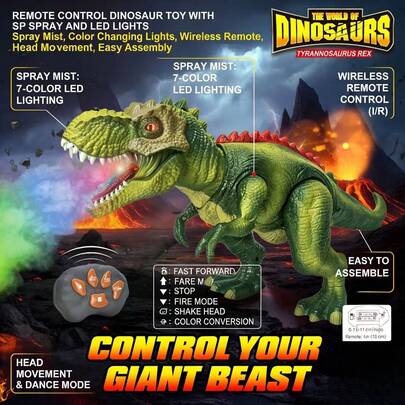 1 Stück ca. 41cm ABS Kunststoff Fernbedienung Tyrannosaurus Rex Dinosaurier Spielzeug, Jurassic Stil, grün+rote Wirbelsäule, dinosaurierförmig, LED bunte Lichter+Nebelsprüh-Feuereffekt, kabellose Fernbedienung, Tanzmodus, automatisches Laufen, elektrisches Dinosaurier Modell, Geburtstag/Halloween/Kindertag/Party interaktives Spielzeug