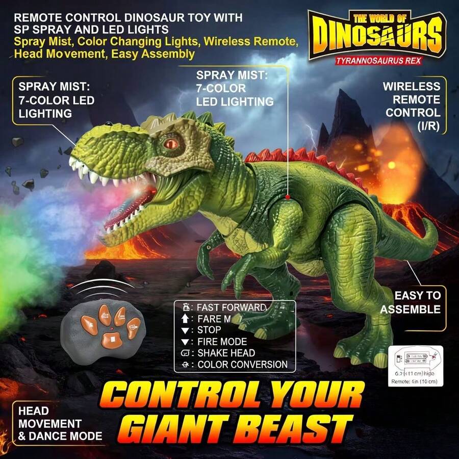 1 pieza Aproximadamente 41cm Juguete de dinosaurio Tiranosaurio Rex de estilo jurásico de plástico ABS con control remoto, color verde + espina roja, con forma de dinosaurio, luces LED de colores + efecto de rociado de niebla, control remoto inalámbrico, modo de baile, caminar automático, modelo de dinosaurio eléctrico, juguete interactivo para cumpleaños/Halloween/Día del Niño/Fiesta - Multicolor - Ver 1