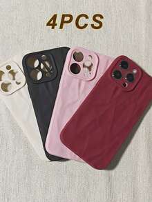 4pcs Simple Pleated Solid Color Lens Protection Phone Case, Personalized Compatible With IPhone 17 Pro Max, 16/15/14/13/12/11 Protective Cover - Multicolor - View 2