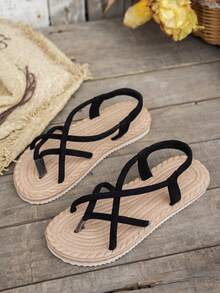 女士平底凉鞋，新款夏季黑色绒面革交叉绑带人字拖，配有弹性踝带，舒适度假/罗马风格 - 黑色 - 查看 5