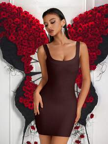 优雅粗肩带方领高腰露背短款绷带派对礼服，适合舞会、生日派对、正式晚宴、约会、返校节、婚礼宾客、鸡尾酒会、家庭聚会等场合。 - 咖啡棕 - 查看 7