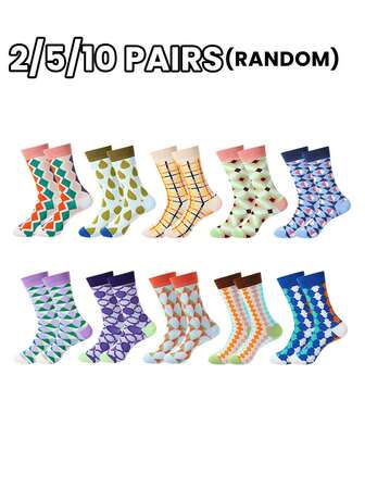 2/5/10 paires de chaussettes hautes asymétriques mode et polyvalentes avec des motifs aléatoires d'animaux de bande dessinée, d'outils et de personnages