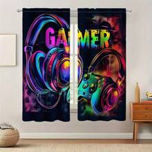 2 Peças de Cortinas com Tema de Jogador, com Design Vibrante de Fone de Ouvido e Controle - Decoração de Privacidade de Arte Moderna para Quarto, Sala de Estar, Escritório ou Dormitório - Tecido de Poliéster, Lavável em Máquina, Decorações para Sala de Jogos, Impressão Plana 2D - Multicolorido - Visão 9