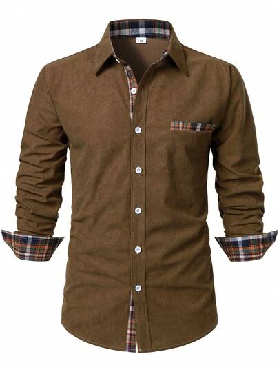 Men's Corduroy Plaid Patchwork Contrast Plaid Casual Business Long Sleeve Shirt