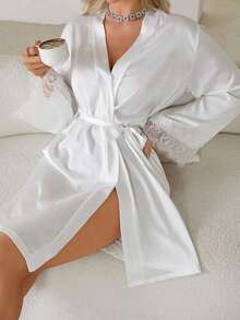 رداء حرير ناعم بلون أحادي أنيق بربطة الخصر، مناسب للعرائس وصبايا العروس والاستخدام المنزلي، رداء قصير للموسم الزفاف، قميص نوم وملابس نوم من الحرير الناعم، بيجامة نسائية من الشيفون المنقط والشبك، هدية عيد الحب وهدية رأس السنة الجديدة