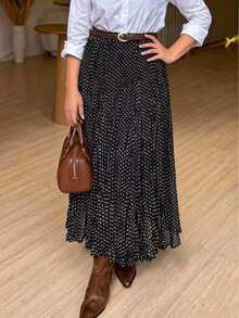 Women's Elegant Elastic Waist Black & White Polka Dot Pleated A-Line Skirt, Minimalist & Fashionable For Daily Commute - Black - View 4