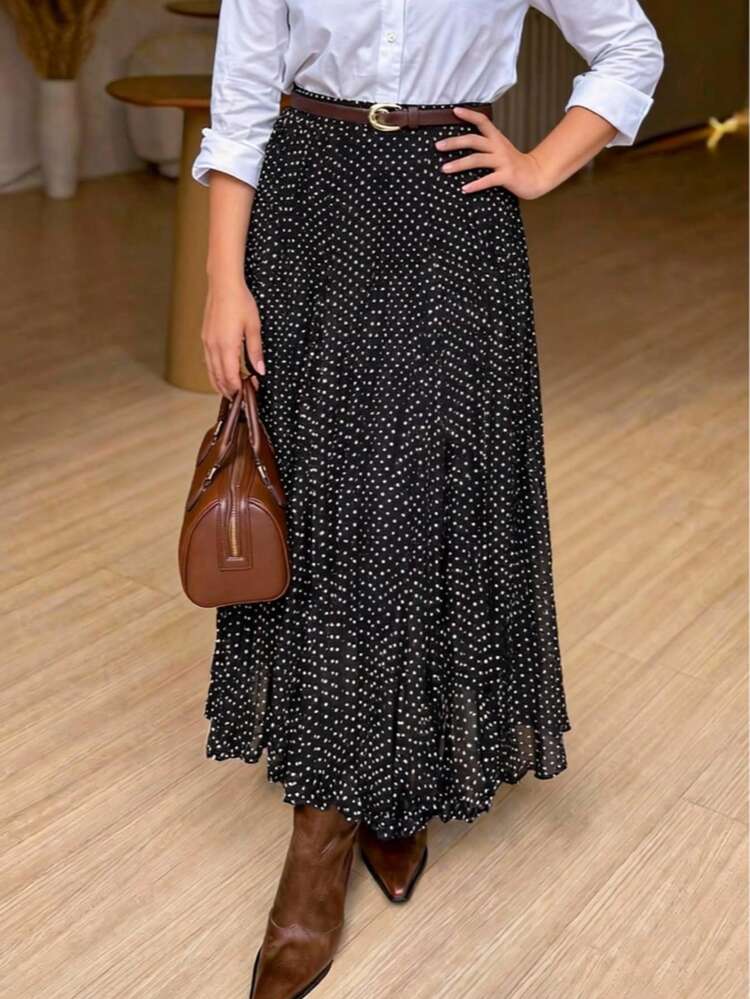 Saia Plissada Elegante de Cintura Elástica Preta e Branca com Bolinhas, Minimalista e Fashionista para o Dia a Dia - Preto - Visão 4