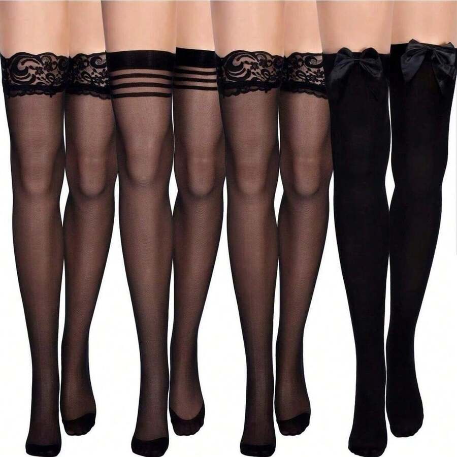4 Pairs Silk Thigh High Stocking For Women Lace Silicone Socks Satin Bow Top Stocking - 常規款 - 查看 1